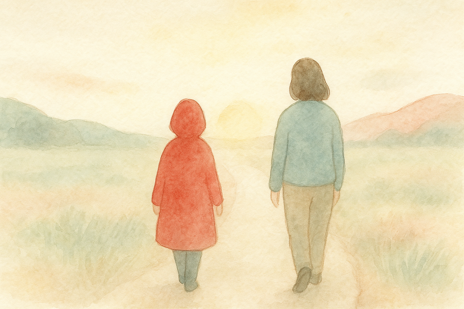 先生と患者さんが朝の光のなかへ並んで歩いていく後ろ姿の水彩画
