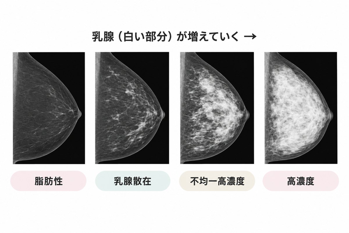 乳腺濃度の4分類をマンモグラフィの見え方で並べた図。脂肪性、乳腺散在、不均一高濃度、高濃度の順に白い部分が増える