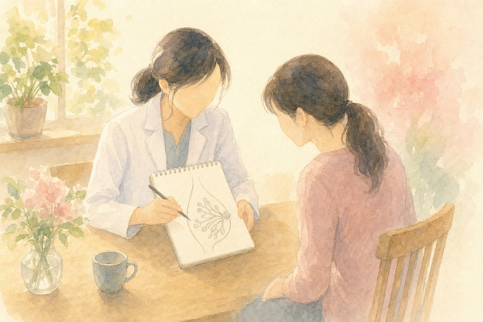 先生がノートに乳管の絵を描きながら患者さんに説明しているシーン