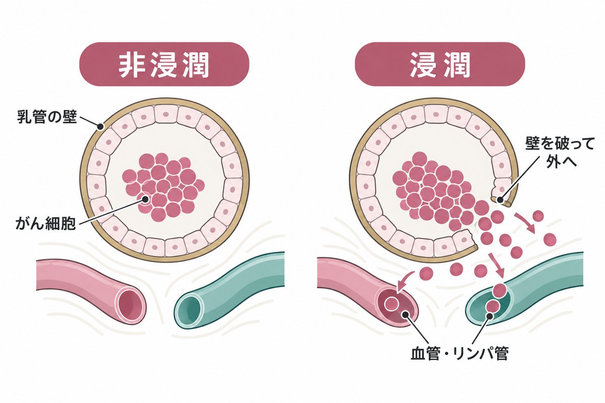 乳管の断面図。左は管の中だけにがん細胞がある非浸潤、右は壁を破って外に出て血管・リンパ管に入りかけている浸潤