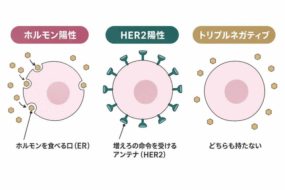 3つの細胞の模式図。ホルモンを食べる口（ER）を持つホルモン陽性、増えろの命令を受けるアンテナ（HER2）を持つHER2陽性、どちらも持たないトリプルネガティブ
