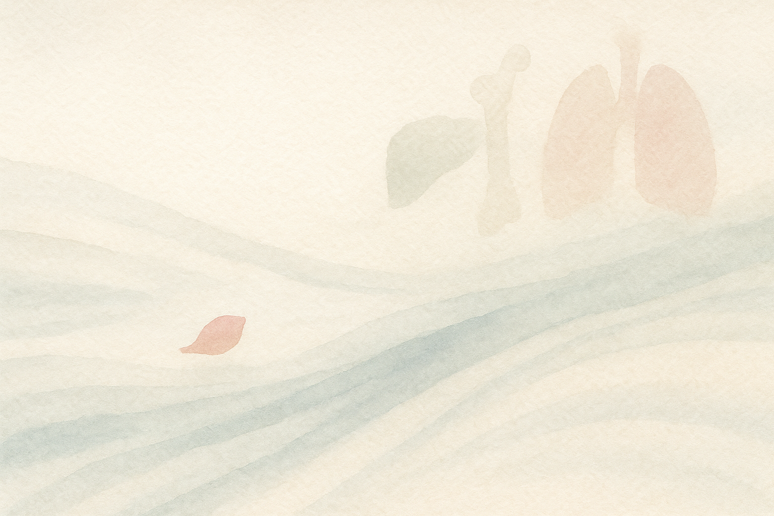 Watercolor: a small soft pink seed-like shape floating gentl