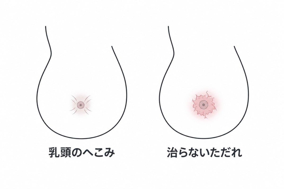乳頭の変化の模式図。乳頭のへこみと、治らないただれの2つを並べたもの
