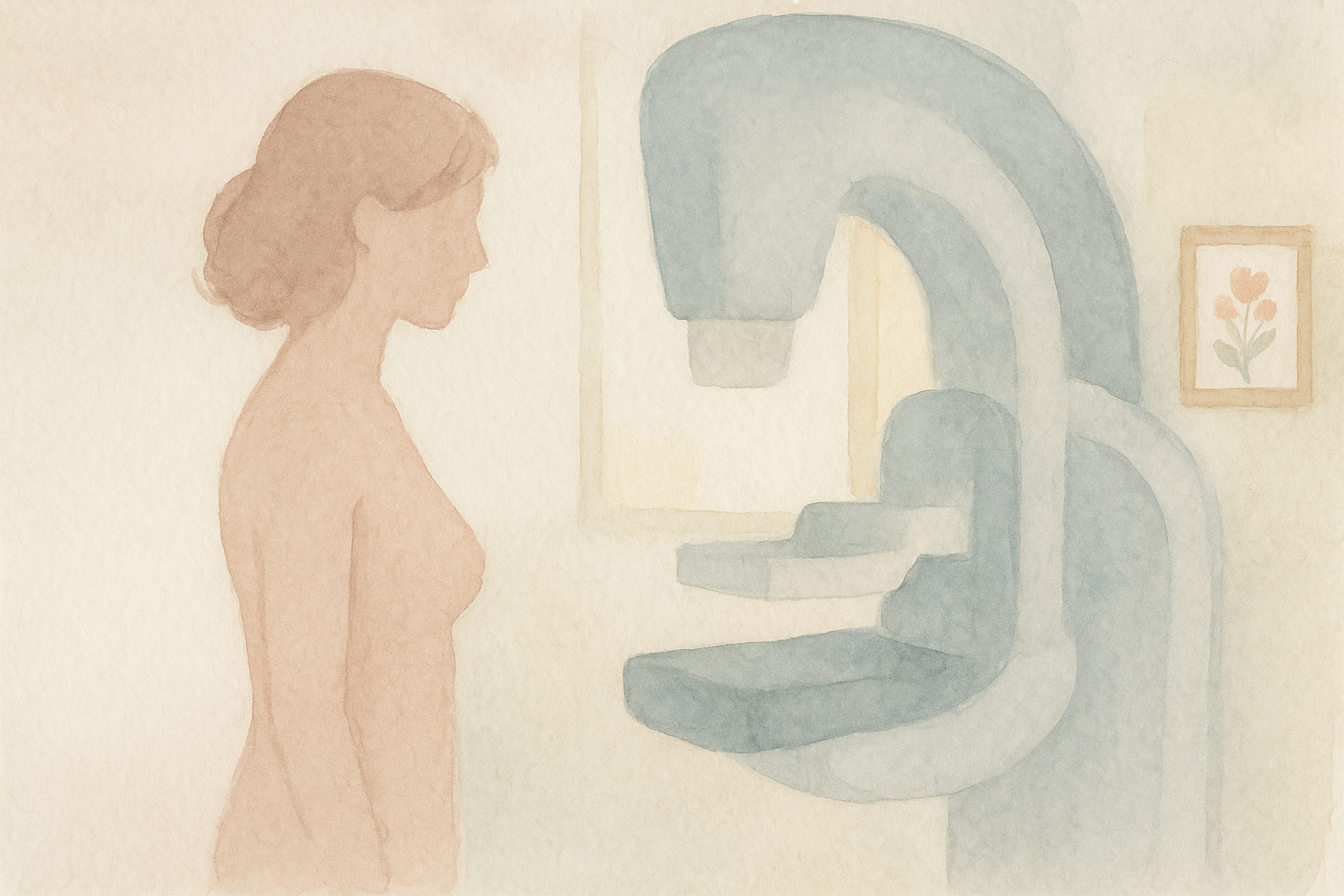 Watercolor: a soft side-view silhouette of a woman standing 