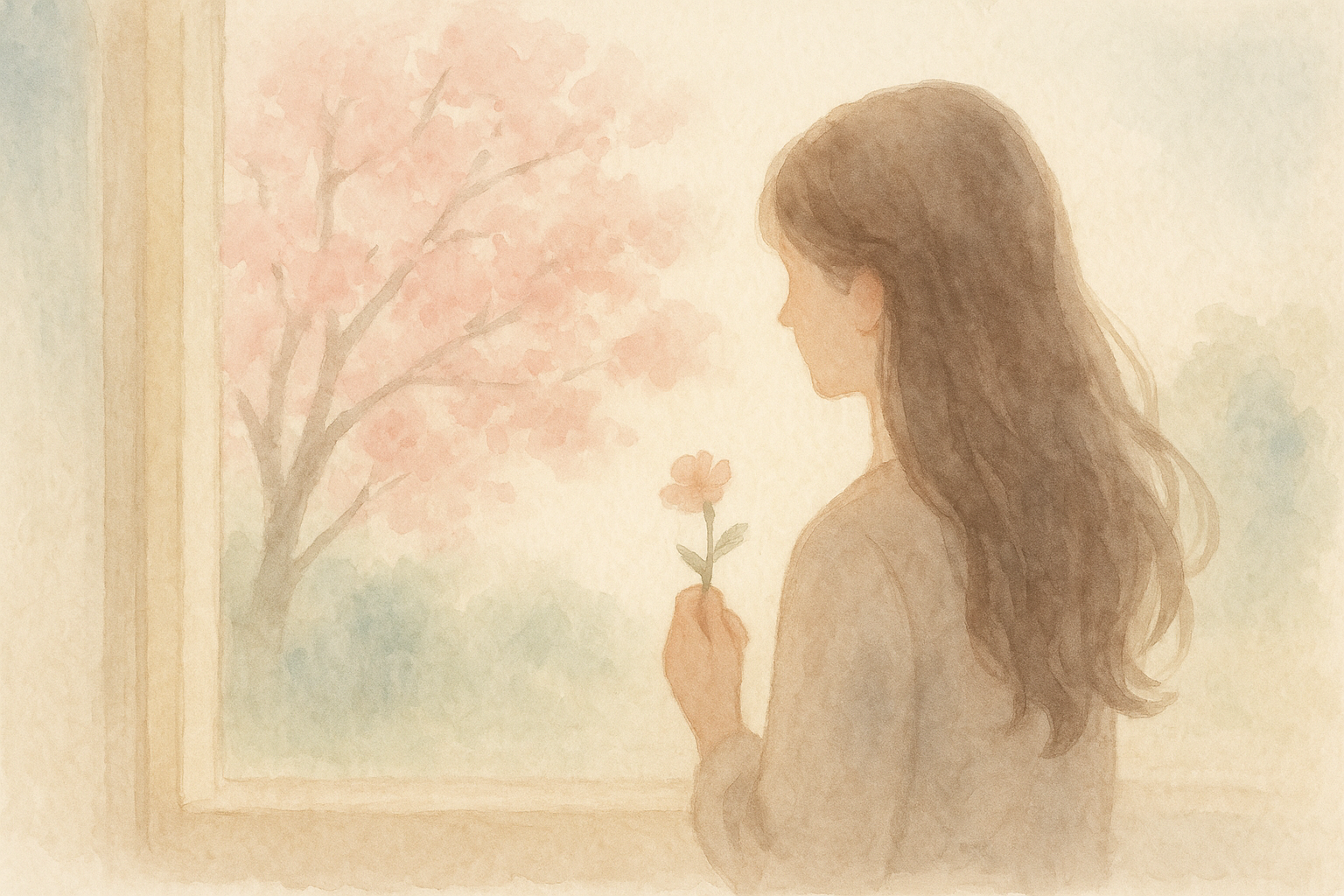 Watercolor: a young woman's silhouette from behind, with lon