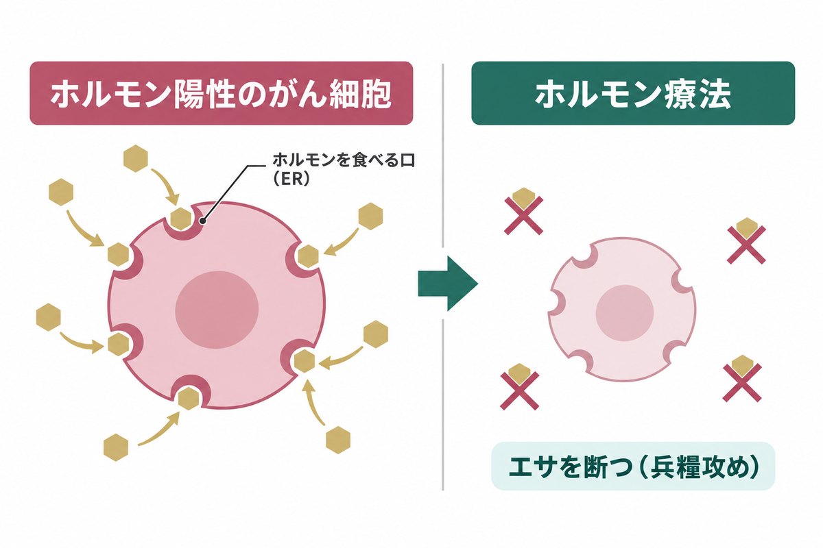 ホルモン陽性のがん細胞は、表面の口（ER）で女性ホルモンを取り込んで育つ。ホルモン療法はそのエサを断つ兵糧攻め