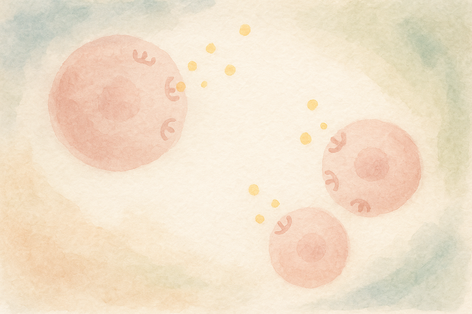 Abstract watercolor: round cell-like shapes in soft pink, ea