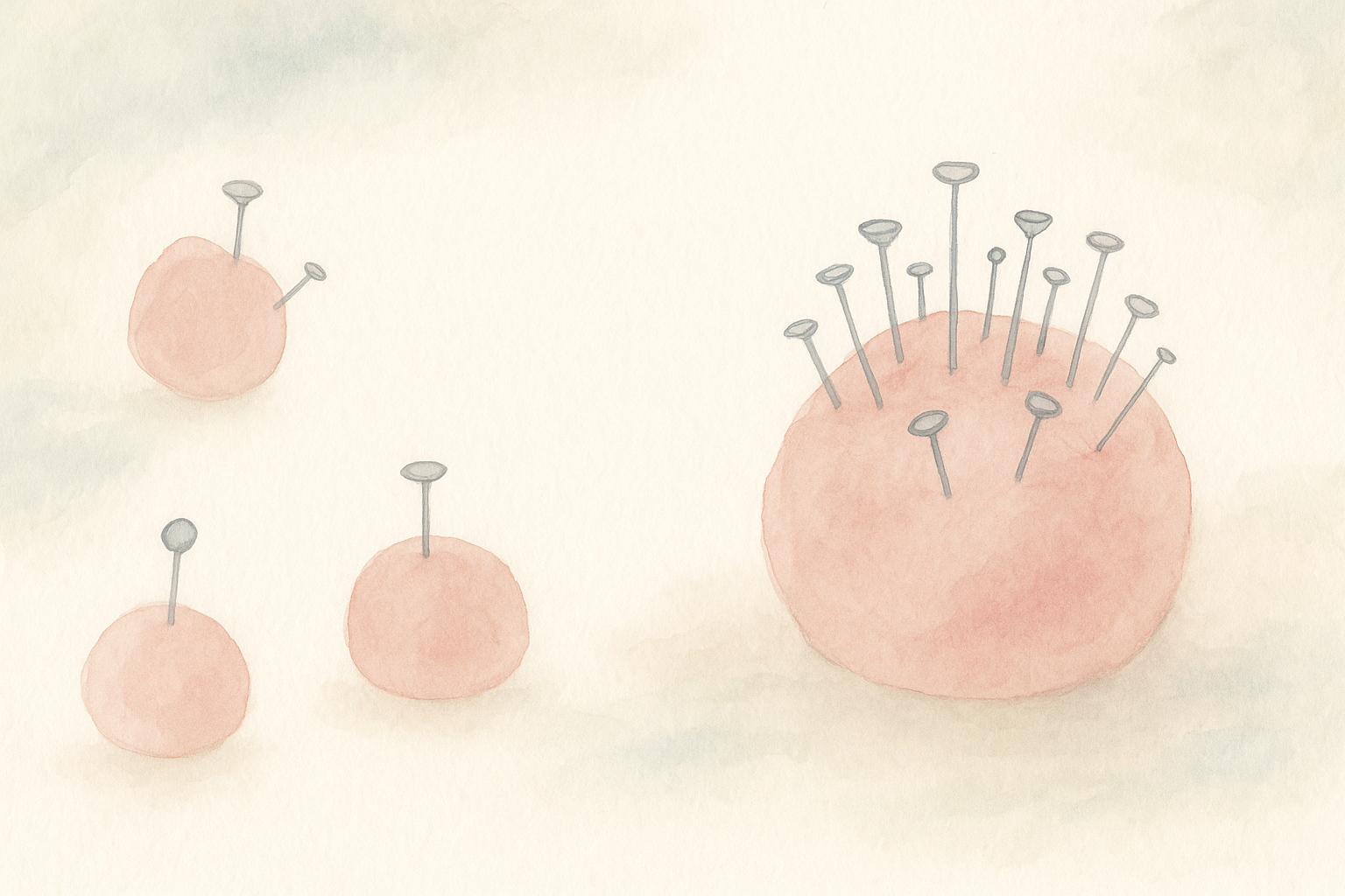Watercolor: round soft pink cell-like shapes with multiple m