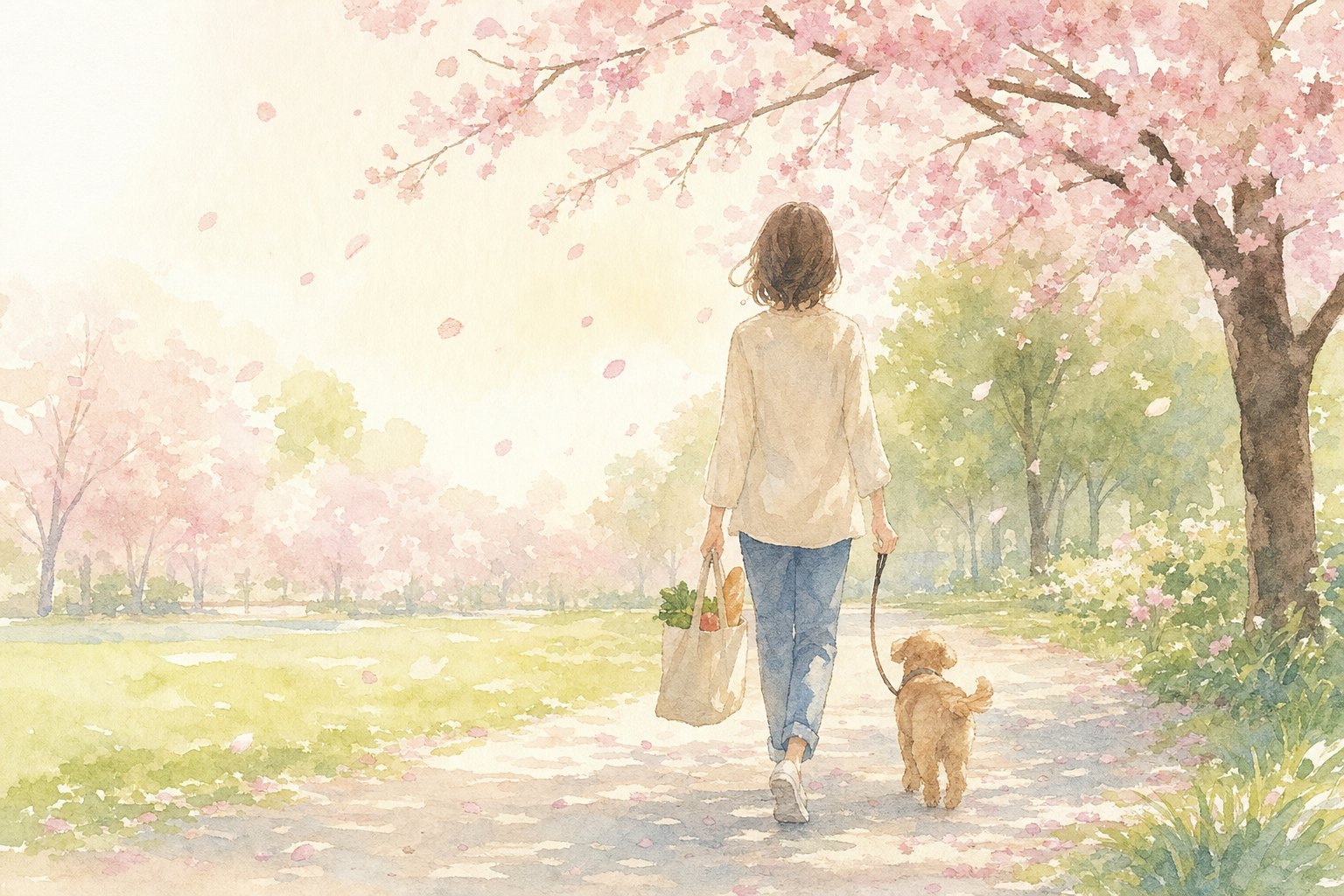 治療を終えた患者さんが、朝の散歩や家事など普段の暮らしに戻っている穏やかなシーン