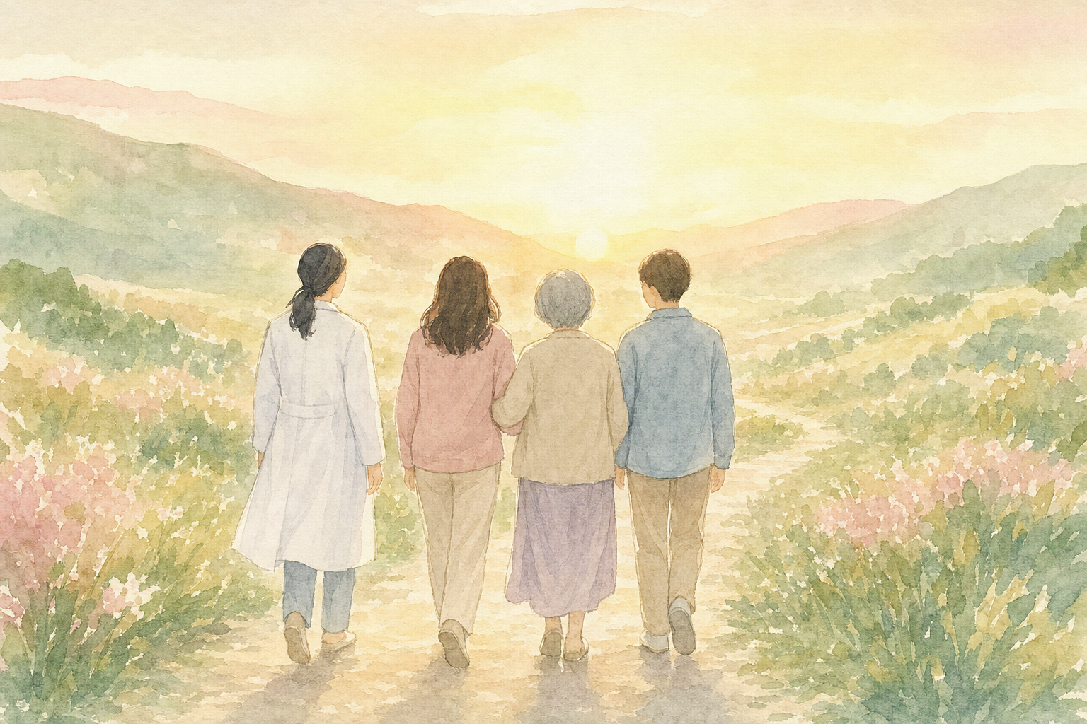 先生・患者さん・家族・他の患者さんなど、いろんな人が並んで歩いている希望に満ちた後ろ姿