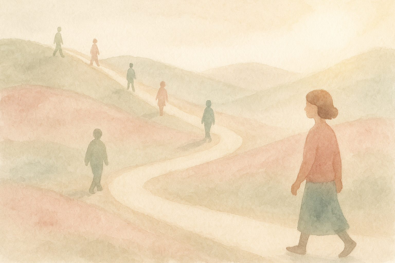 A gentle winding path through soft watercolor hills, six sma