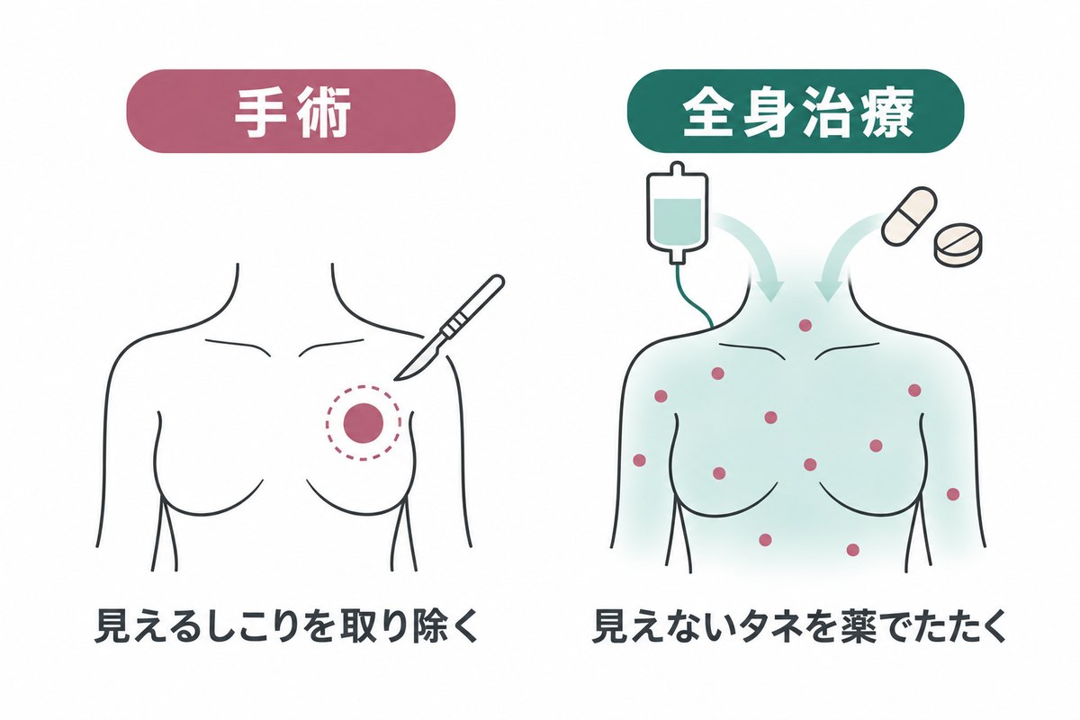 手術は見えるしこりを取り除く。全身治療は体に散らばった見えないがんのタネを薬でたたく