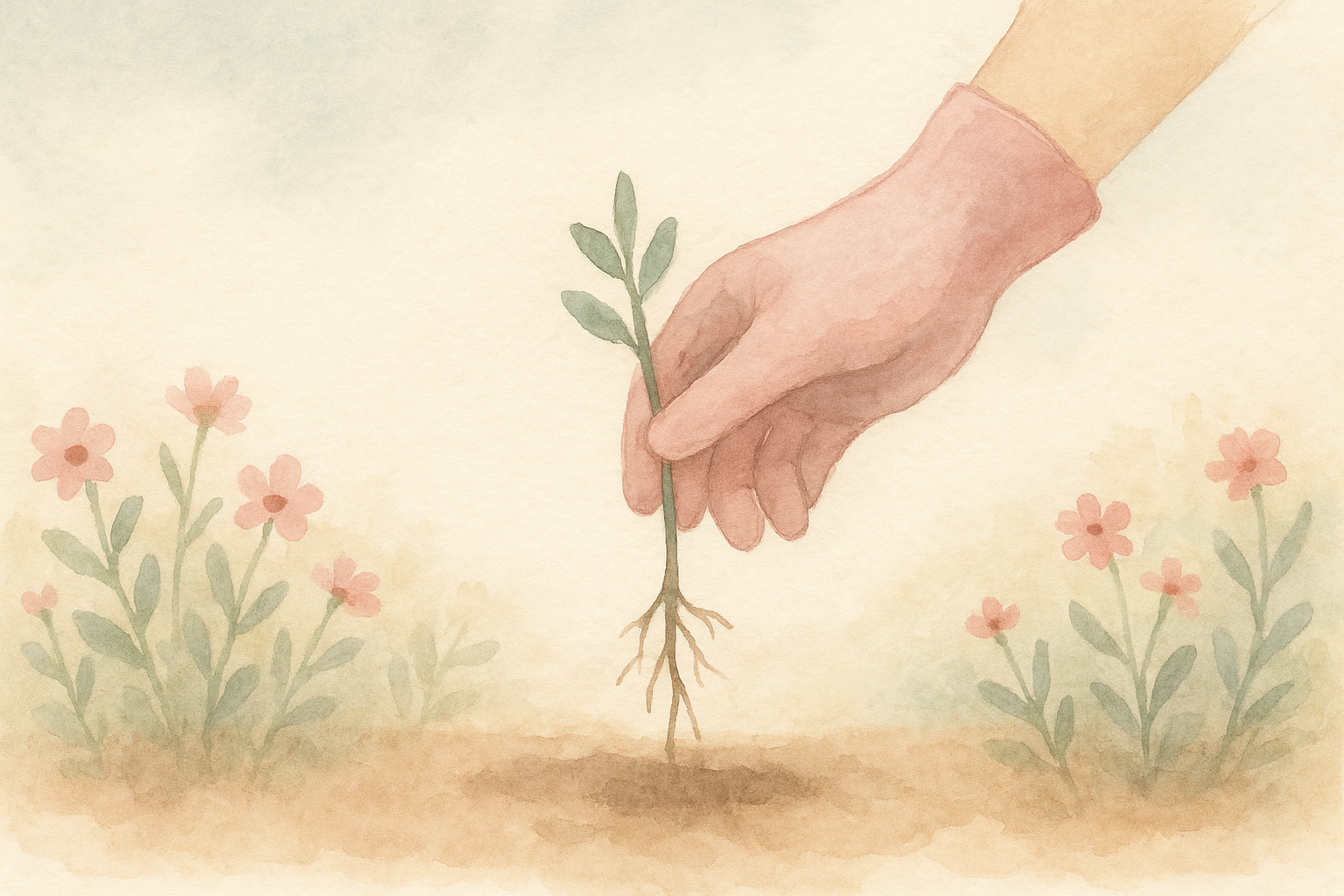 Watercolor garden scene: a hand wearing a soft pink garden g