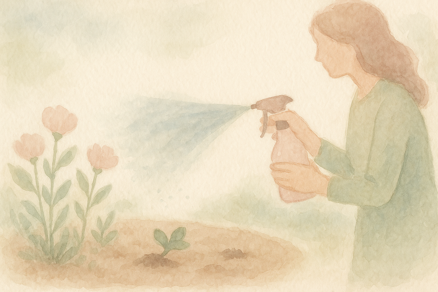 Watercolor garden scene: a soft sprayer mist is being applie