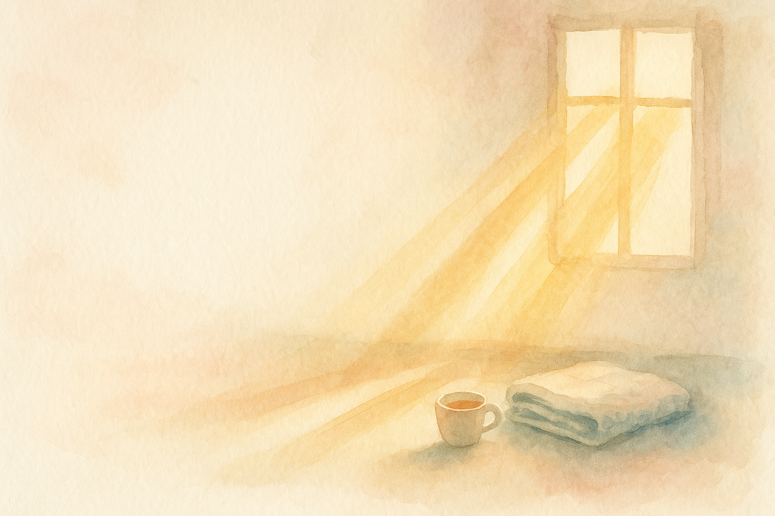 Watercolor: warm golden rays of light streaming through a wi