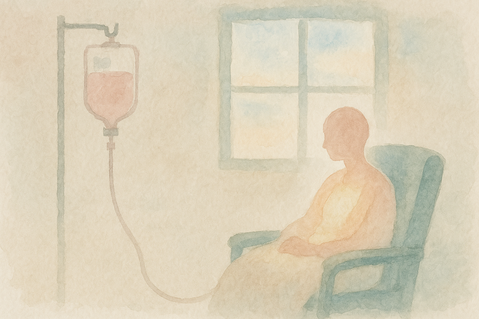 Watercolor: an IV drip bag in pale pink, with a soft transpa