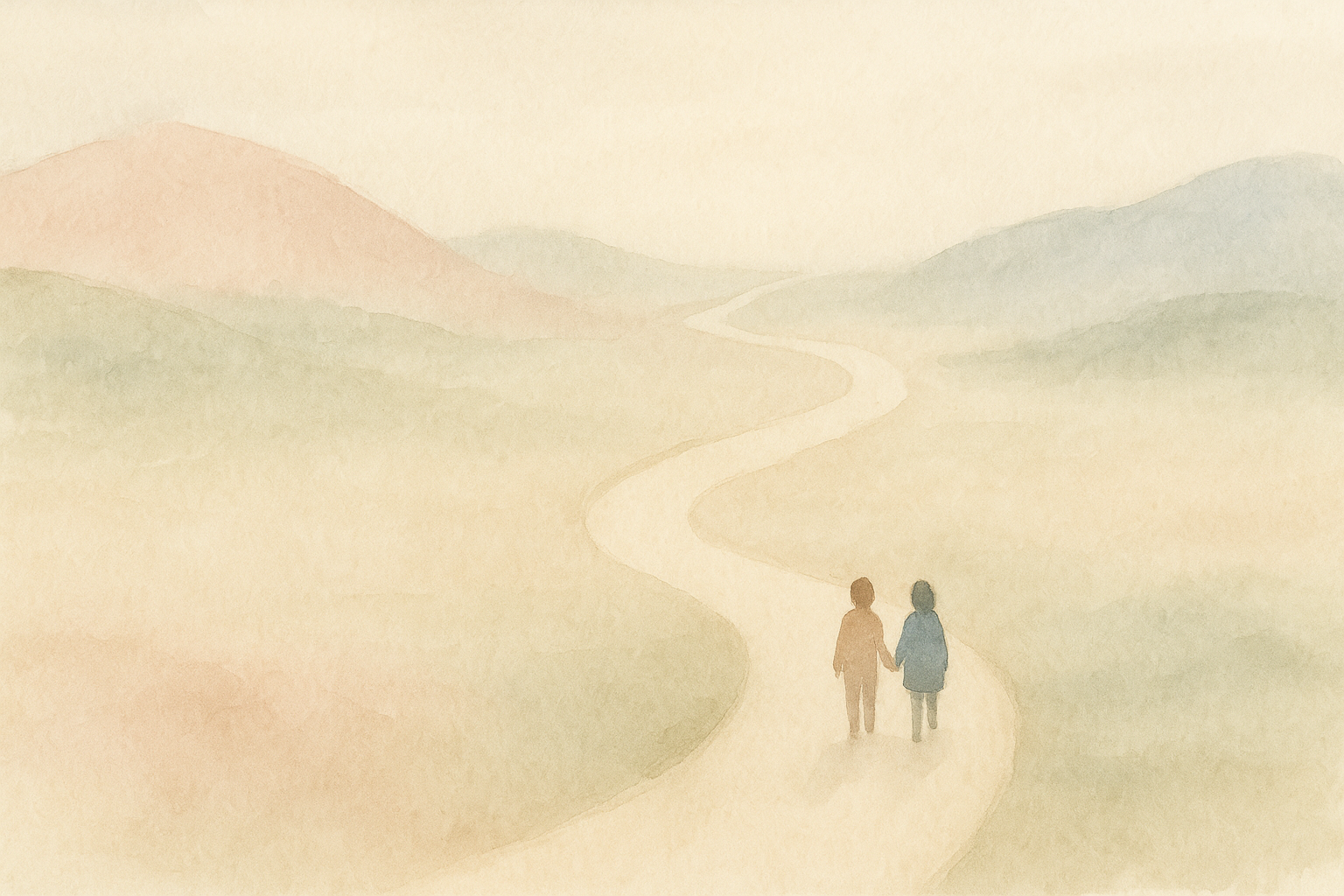 Watercolor landscape: a long winding path through gentle wat
