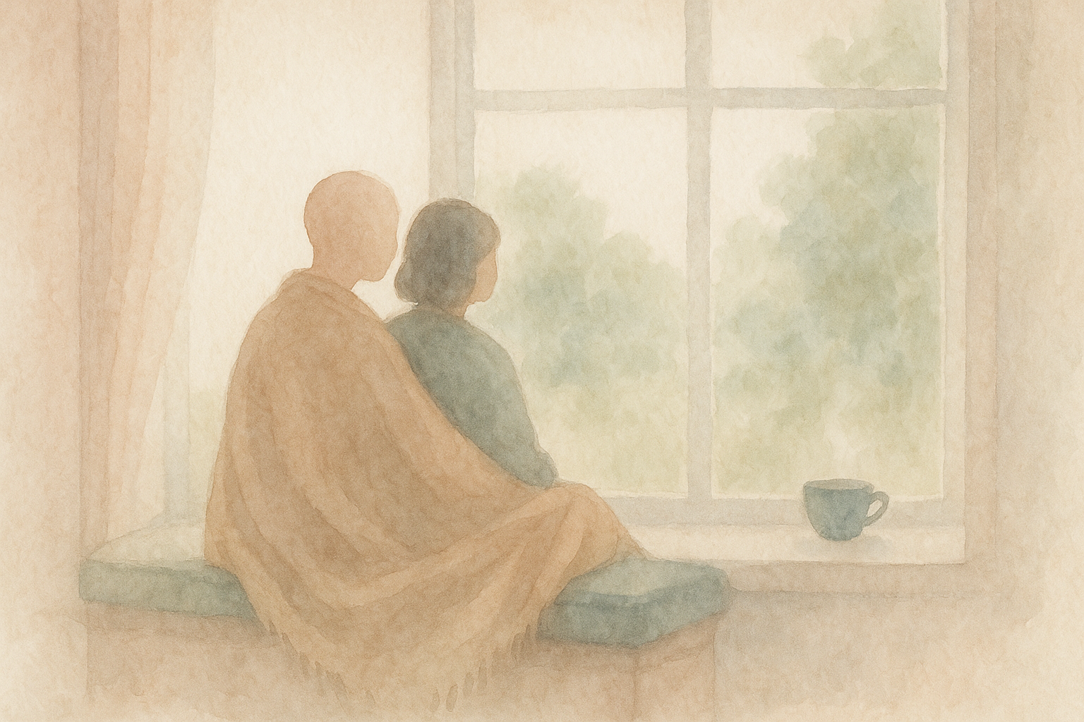 Watercolor: two silhouettes seated on a window bench, one sl