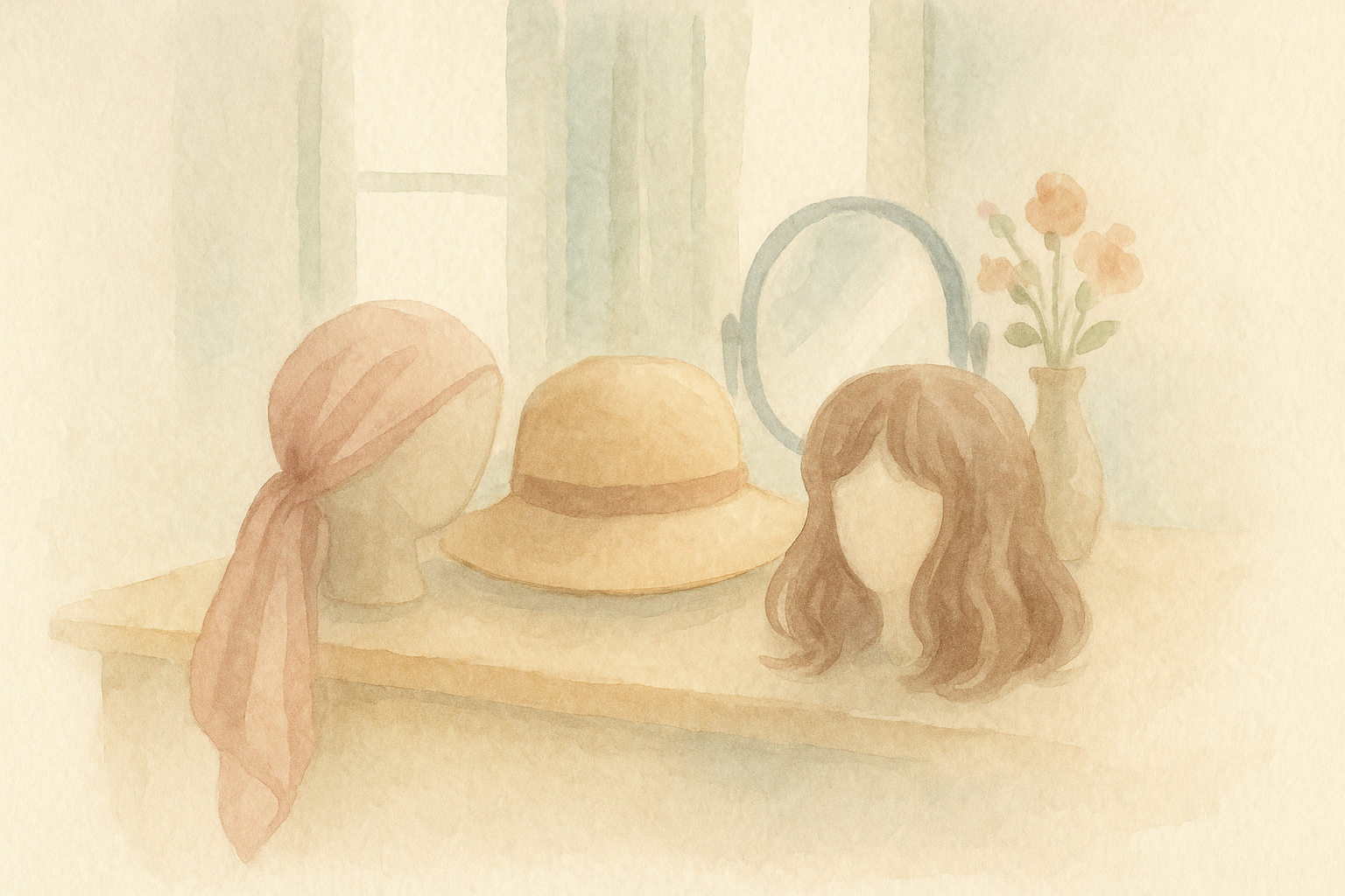 Watercolor still life: a soft scarf, a stylish hat, and a wi