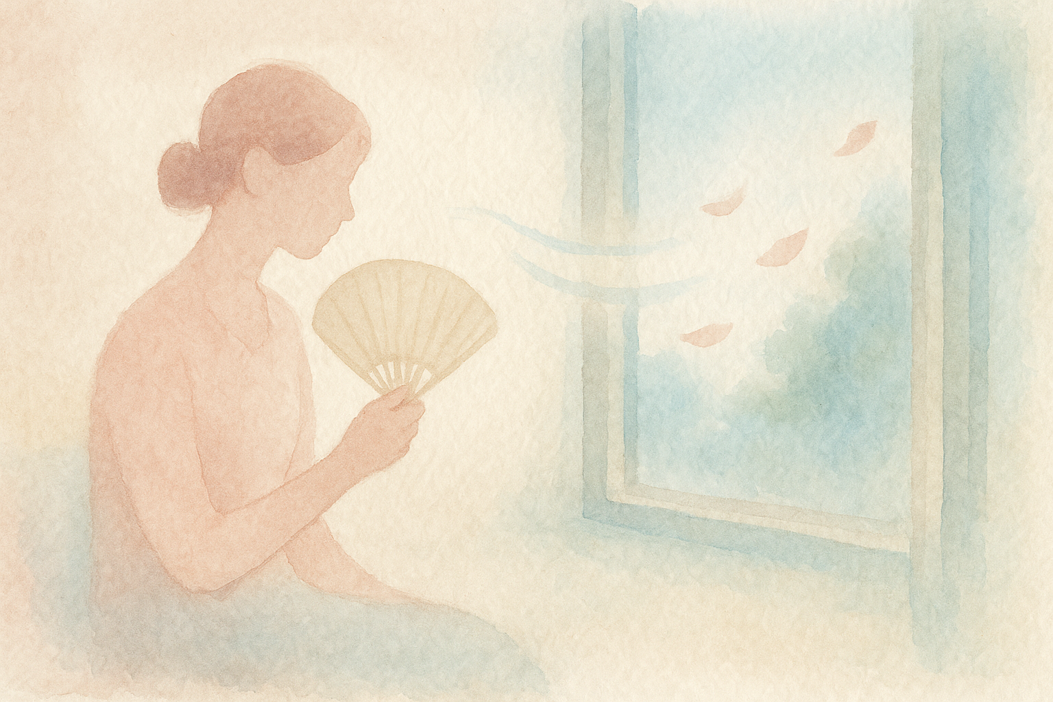 Watercolor: a single silhouette of a woman gently fanning he