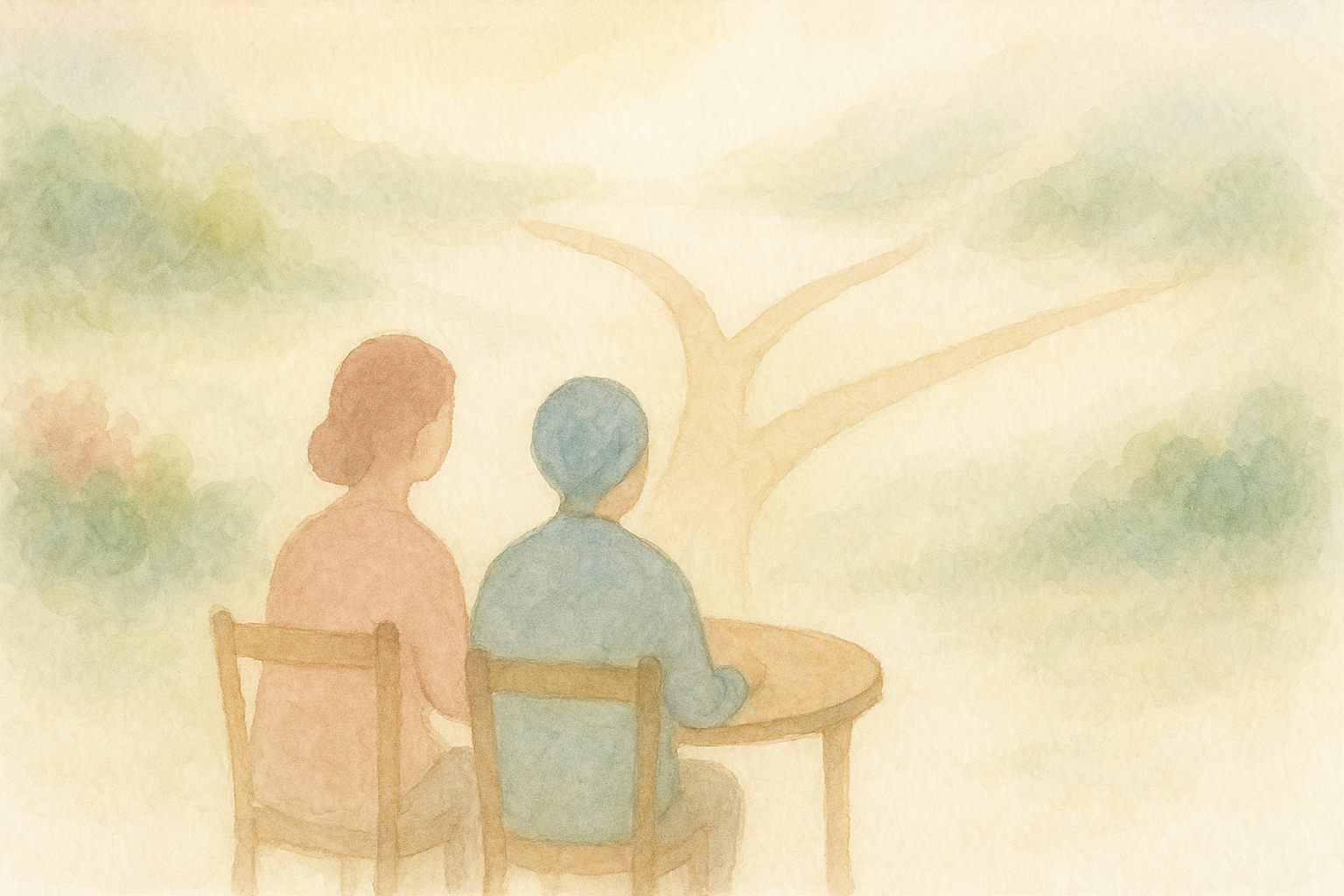 Watercolor: two silhouettes seated side by side at a small r