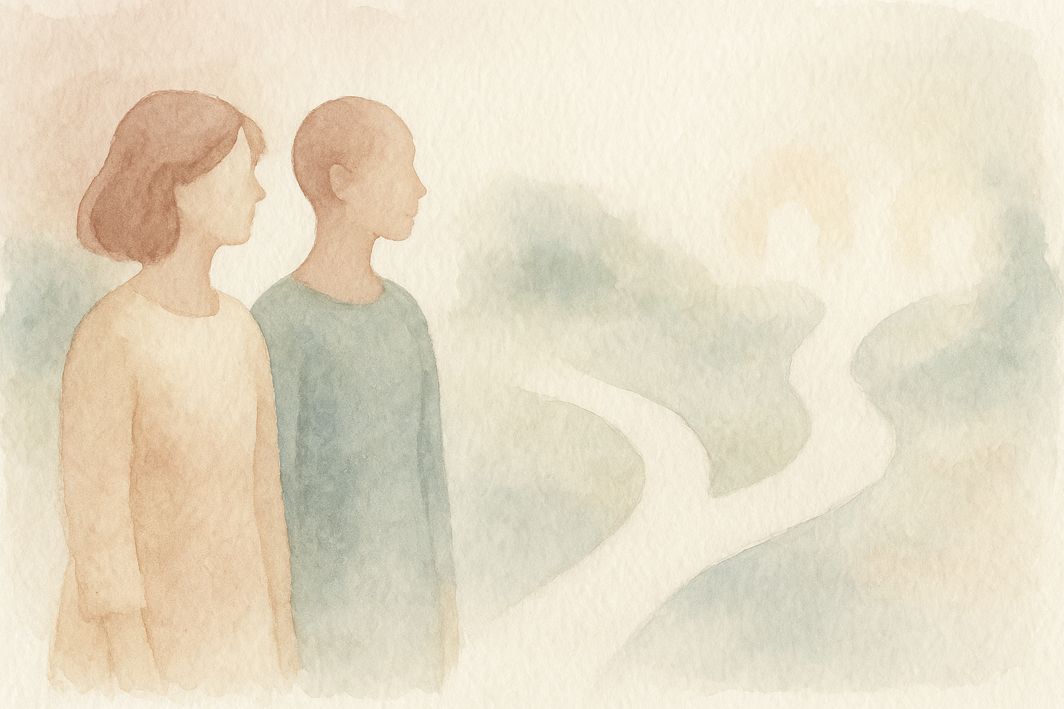 Watercolor: two soft silhouettes of women standing side by s