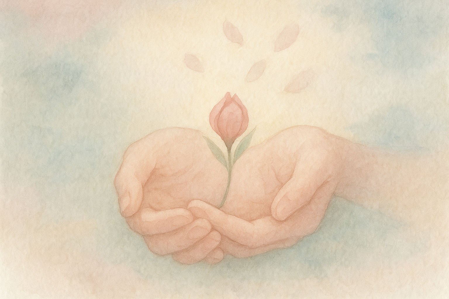 Watercolor: a small flower bud held gently in cupped hands, 