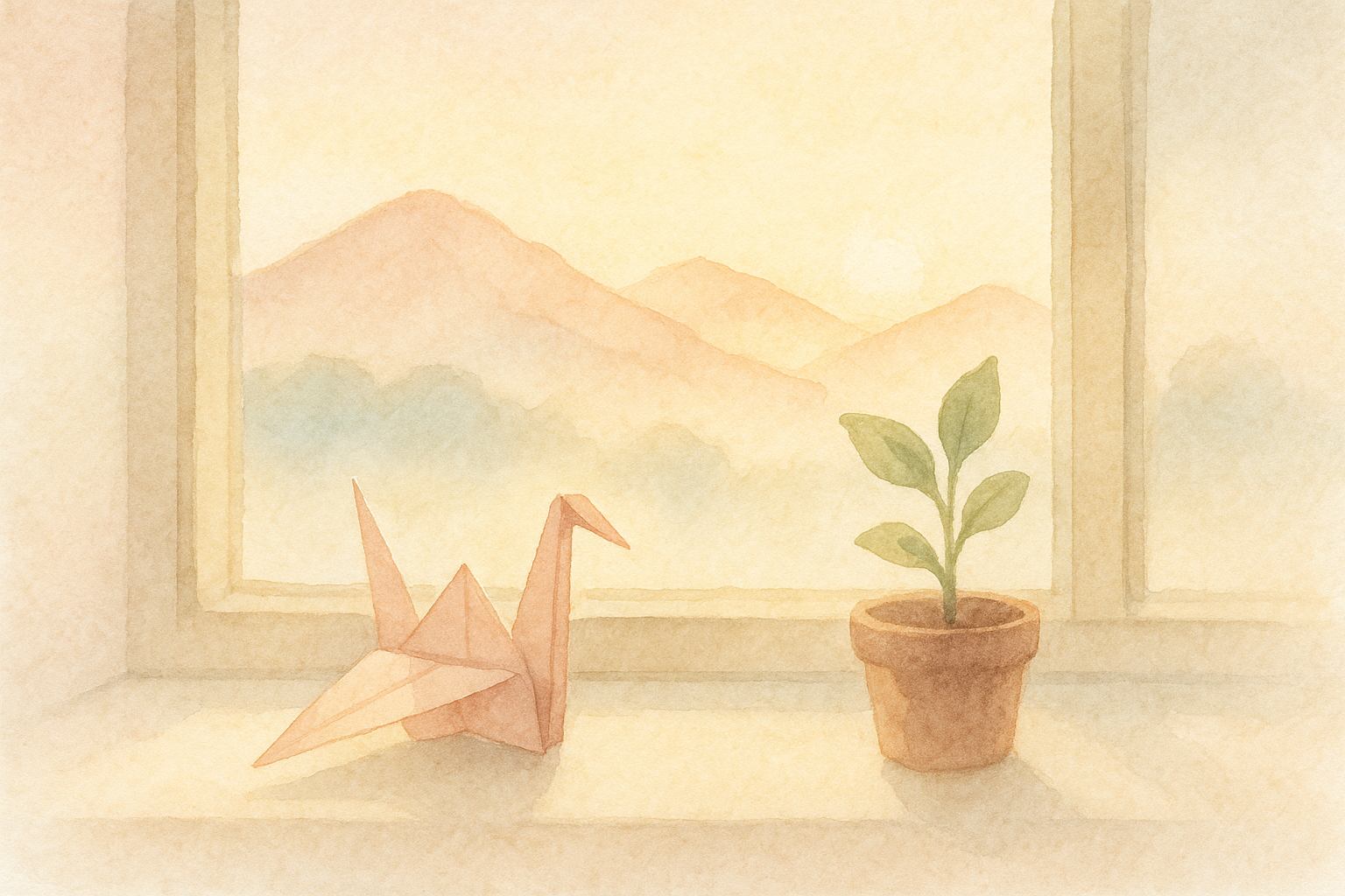 Watercolor still life: a delicate origami crane resting on a