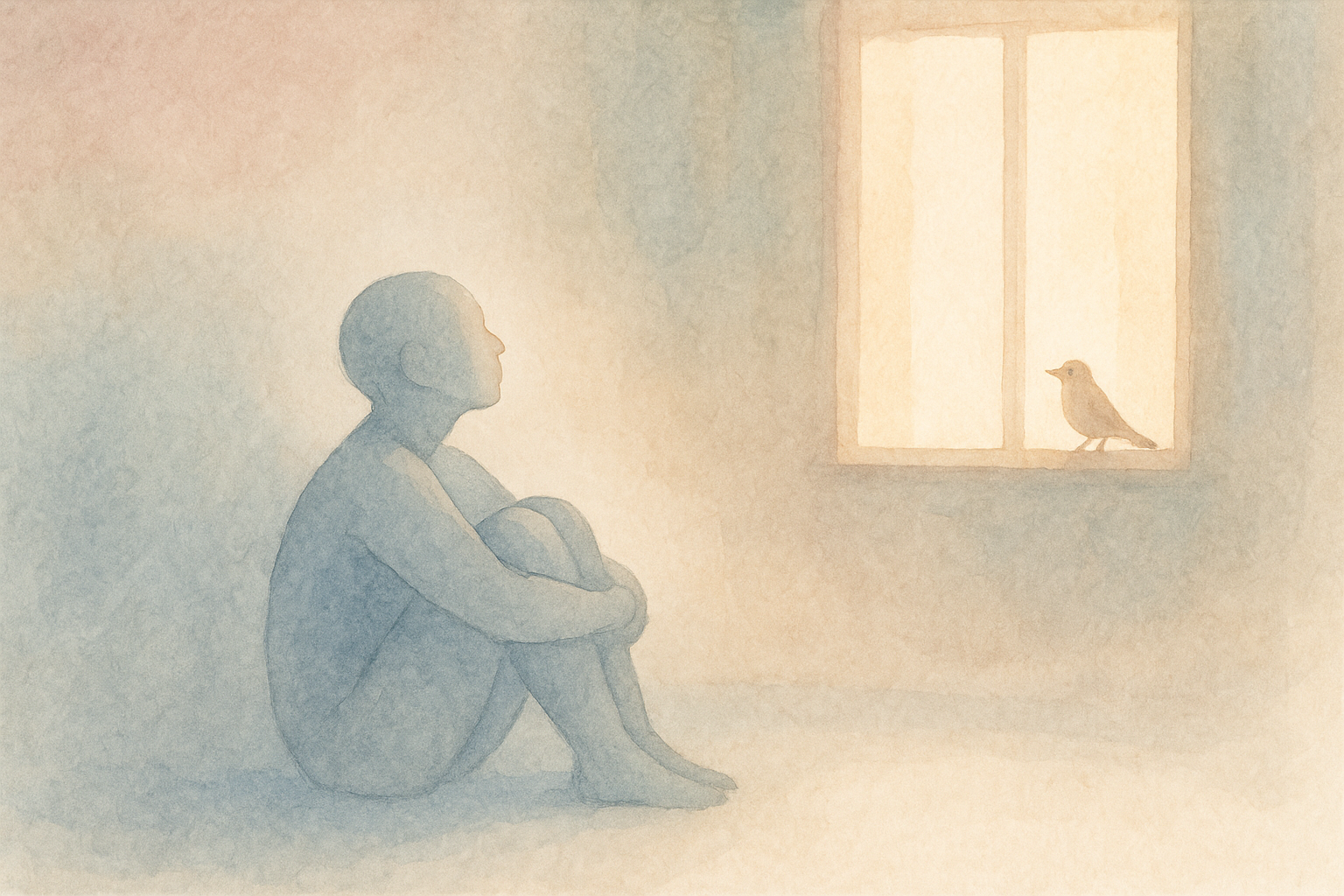 Watercolor: a single silhouette of a person sitting on the f