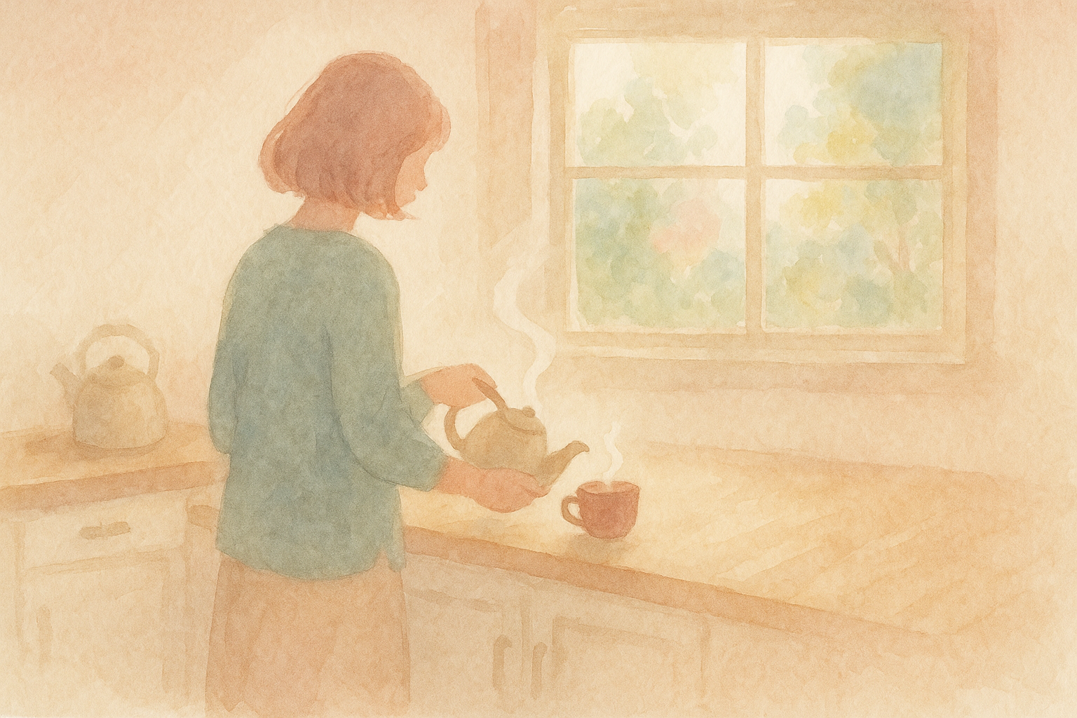 Watercolor: a peaceful morning kitchen scene from behind, sh