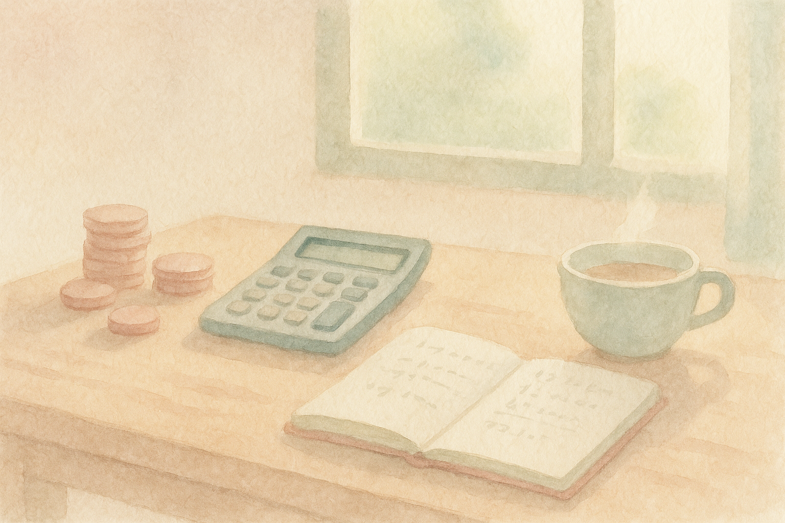 Watercolor still life: a small wooden desk with a calculator