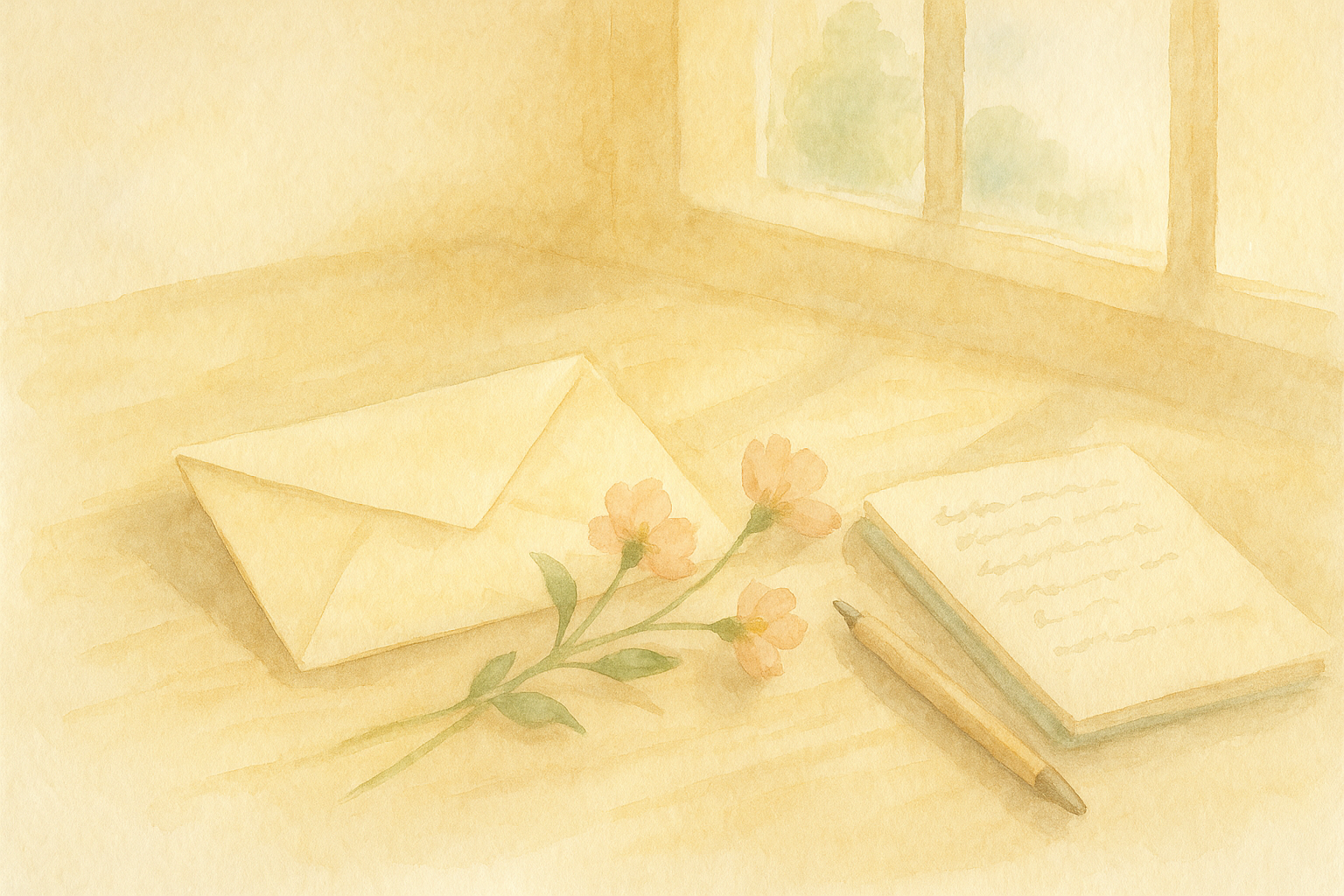 Watercolor: a soft envelope resting on a wooden desk, with a