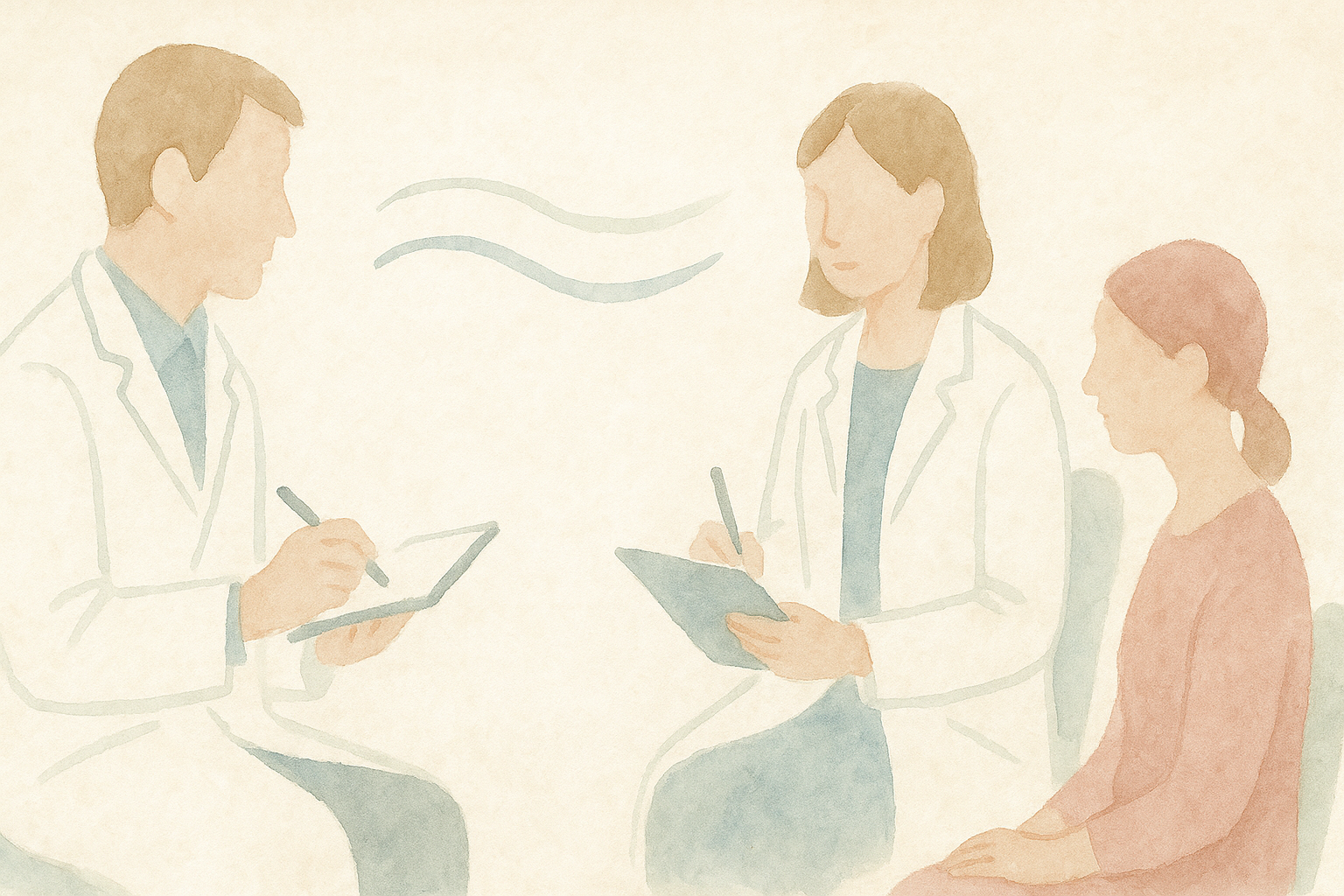 Watercolor: two silhouettes of doctors in white coats facing