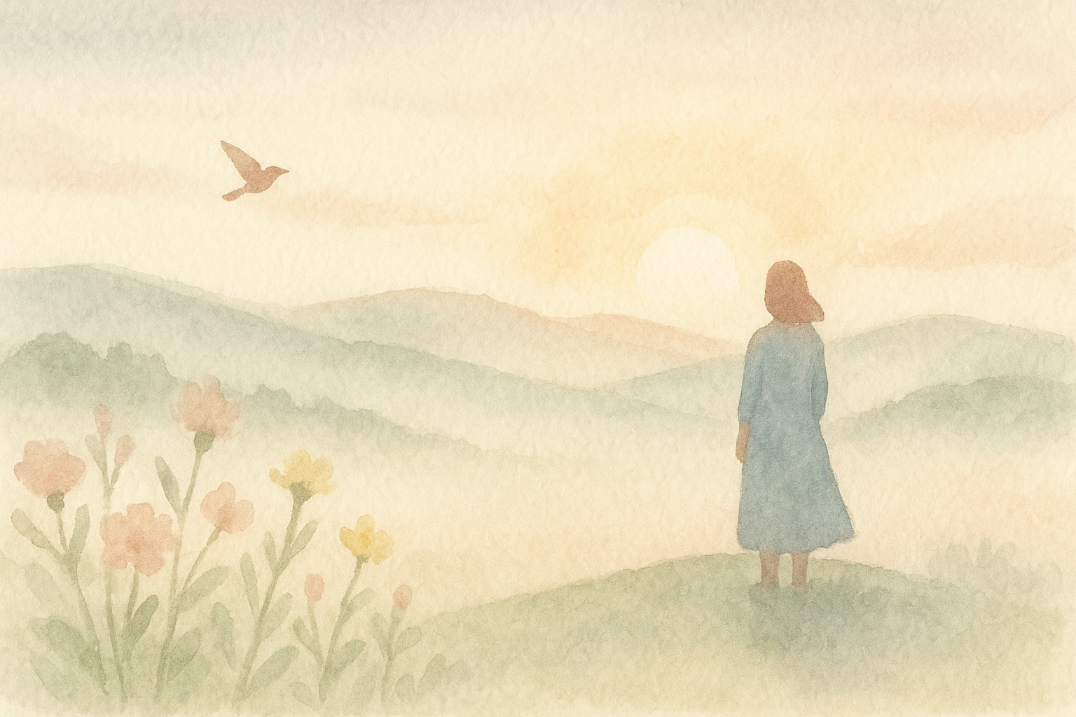 Watercolor landscape: a distant figure in a long dress stand