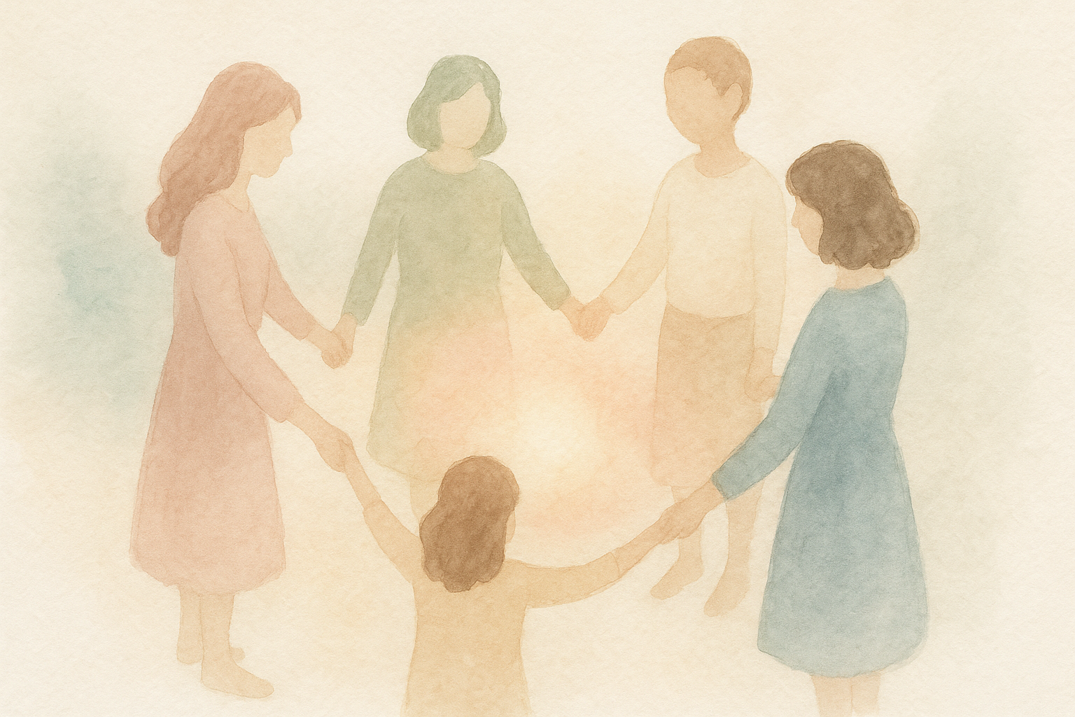 Watercolor: several silhouettes of women holding hands in a 