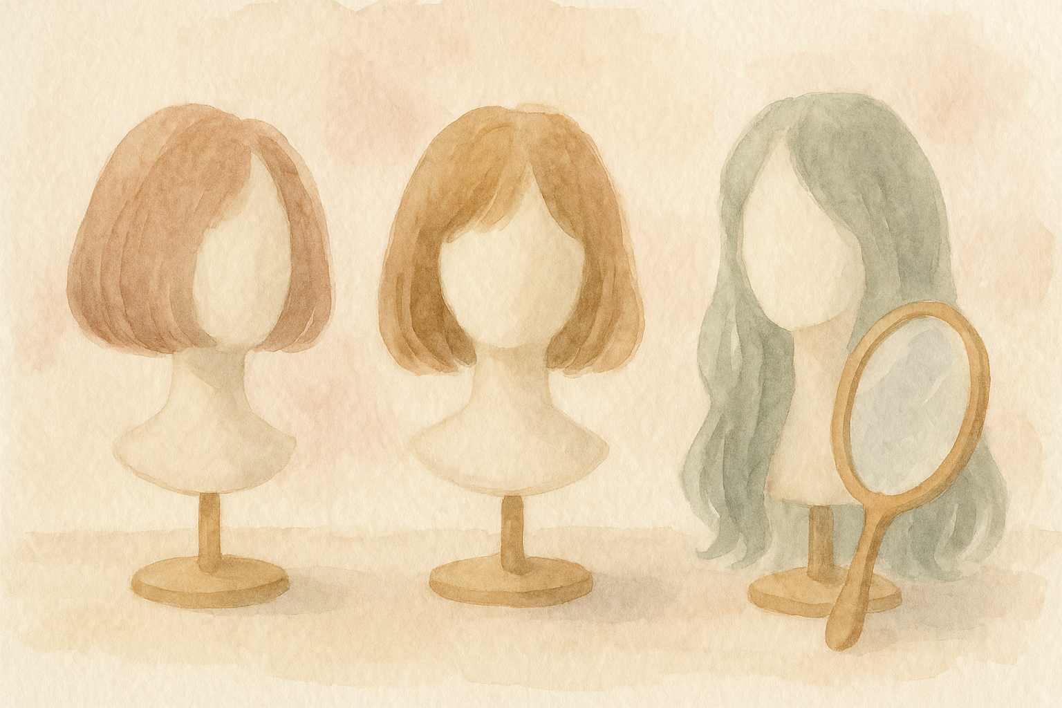 Watercolor still life: three different wig styles displayed 