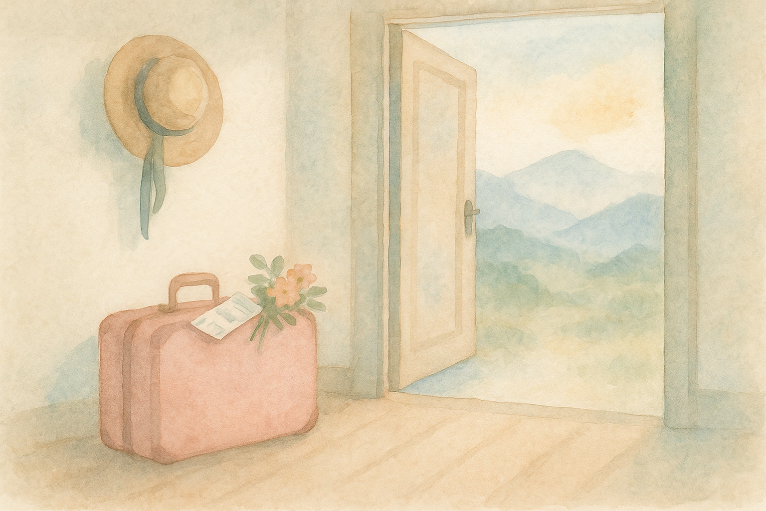 Watercolor: a small soft pink suitcase sitting on a wooden f