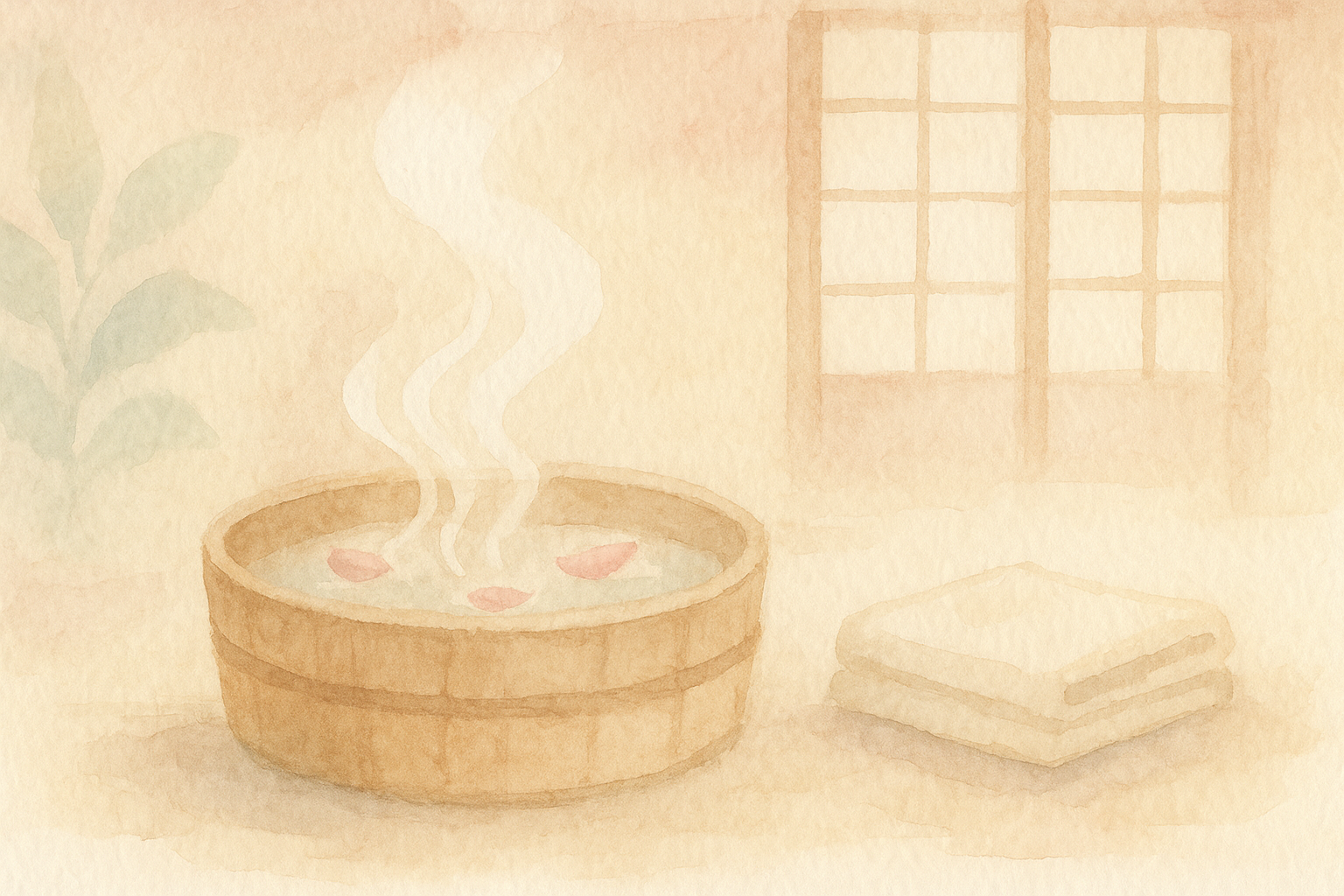 Watercolor: a peaceful Japanese onsen scene — a small wooden
