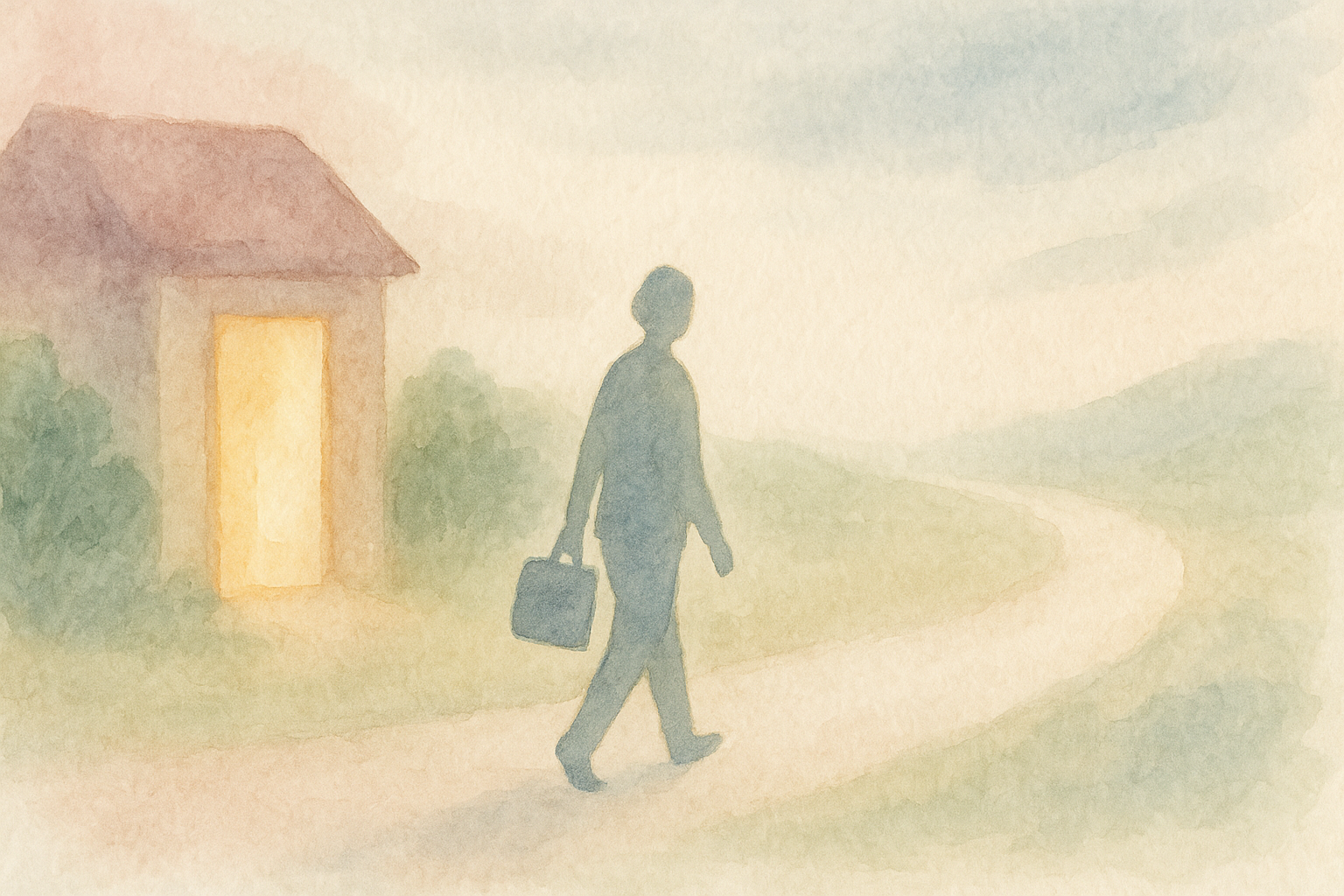 Watercolor: a soft silhouette of a person walking forward wi