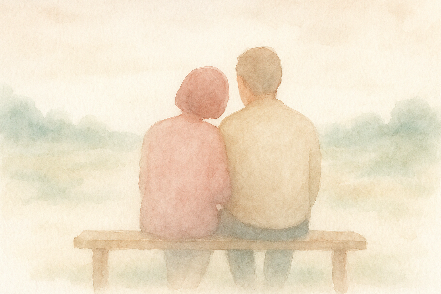 Watercolor: two soft silhouettes of a couple sitting close o