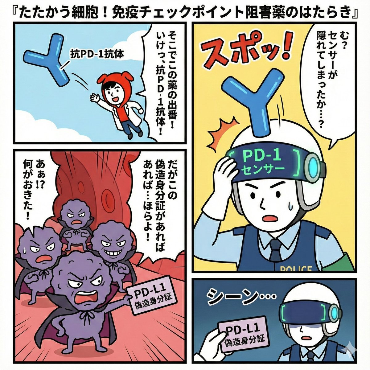 マンガ：抗PD-1抗体が飛んできて、警官のPD-1センサーにスポッとかぶさる。がん細胞が偽造身分証を見せてもセンサーが反応しなくなる