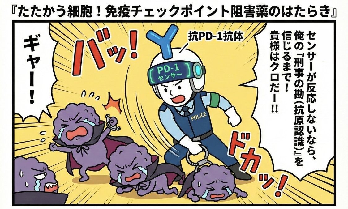 マンガ：センサーが反応しなくても、警官が“刑事の勘（抗原認識）”を頼りにがん細胞を取り押さえる